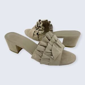 Joie Mai Tan Beige Suede Ruffle Open Toe 2" Block Heel Slide Sandal 37.5 7.5